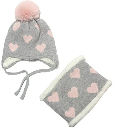 FeiliandaJJ Kinder Mädchen Strickmütze + Loop Schal Set, Herz Muster Baumwollmütze mit Bommel Weich Kinder Beanie Mütze mit Fleece-Futter Nackenwärmer Halstuch Herbst Winter 2-8 Jahre