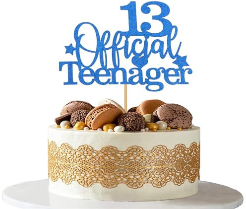 LIANRISES Official Teenager 13th Birthday Cake Toppers for Boys and Girls Blue Giltter