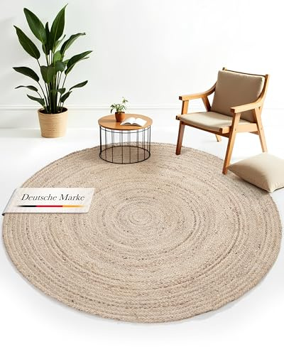 CarpetFine Tappeto di Iuta Nele rotondo colore naturale Talpa Ø 200 cm tessuto a mano di iuta | Tappeto naturale stile boho Tappeto rotondo a tessitura piatta per soggiorno, camera da letto e cucina