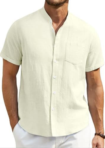 Enlision Herr linne skjortor kortärmad farfar krage kraglösa skjortor för män vardag sommar strand Henley skjorta Button Down S-4XL, A-kräm, XXL