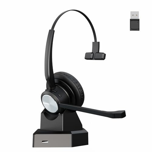Mairdi Bluetooth Headset mit Mikrofon für PC, Mono Kabelloses Headset Rauschunterdrückung mit USB-Dongle & Ladestation für Büro/Computer/Teams/Zoom/Skype/Laptop