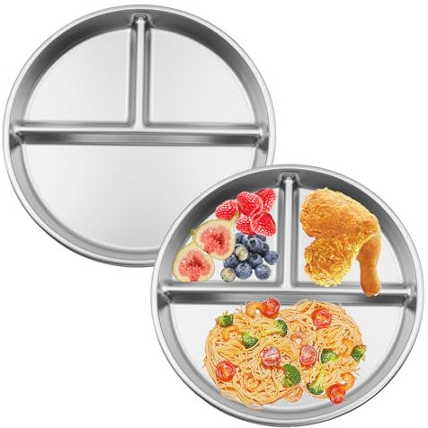 ZHIQIN 2 Stück Runde Edelstahl Geteilte Speiseteller Edelstahl kinderteller mit 3 Fächern 23cm Bariatrischer Geteilte Teller Portionskontrollteller für Camping Abendessen Snacks Partys