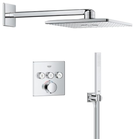 GROHE Precision SmartControl - Concealed Shower System with 3 Valves Thermostat (31cm Head 2 Sprays, Shower Outlet Elbow with Holder, Hand Shower 1 Spray, Hose 1.5m, Square Trim), Chrome, 1072460000