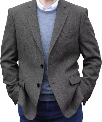 Mrbuerly Grey Tweed Blazer Men Vintage Herringbone Tweed Suit Jackets Two Button Notch Lapel Wool Blend Sports Coat XXXL