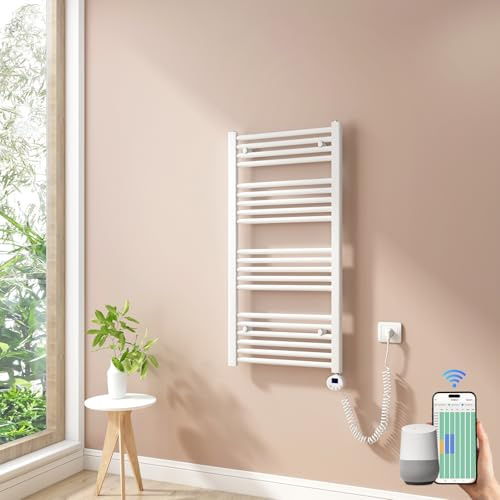 Heilmetz Smart WiFi Badheizkörper Elektrisch 100x50cm Elektrischer Handtuchtrockner mit Thermostat und Timer-Funktion Gerade Handtuchheizkörper Weiß 500W