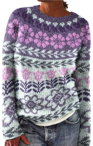 Nidddiv Jersey noruego para mujer, invierno, cálido, manga larga, informal, cuello redondo, jersey de punto, tallas grandes, elegante, suéter de Navidad, suéter de invierno, camiseta vintage de manga