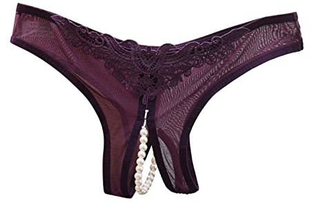 Generisch Femmes Lingerie Sexy Dentelle Ouverte Coupe Perlée Massage Creux Taille Basse Triangle String, lilas, taille unique