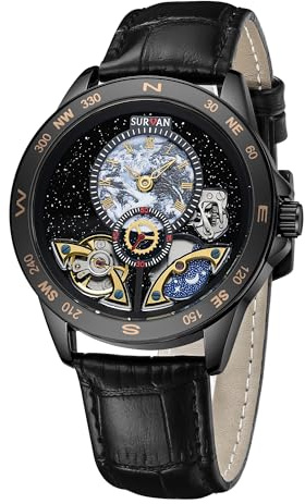 SURVAN Klocka Designer automatiska mekaniska klockor för män läderrem skelett stjärnhimmel urtavla klocka självuppdragande affärer herrklänning armbandsur vattentålig, inget batteri behövs, Svart