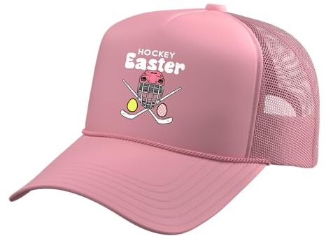 Easter Ice Hockey Helmet Stick Eggs Sports Men Boys Kids Trucker Hat with Adjustable Mesh Back, Pink