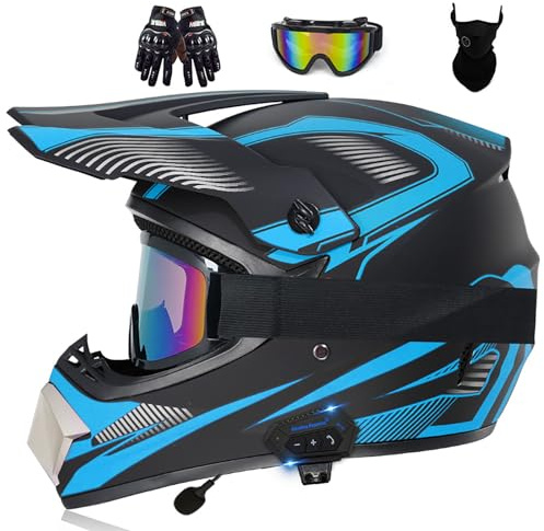 Casco Da Motocross Per Adulti – Casco Da Moto/Dirt Bike Jet E Integrale Con Bluetooth, Occhiali, Guanti E Visiera – Casco Per ATV, BMX, MTB Downhill E Off-Road Per Uomini E Donne,R-s (55_56)
