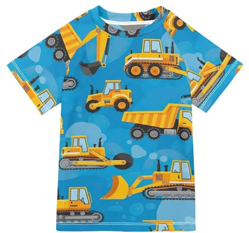 Costume da bagno a maniche corte per bambini con motivo scozzese verde e nero, ad asciugatura rapida, top rashguard per ragazzi e ragazze, Veicoli da cantiere Camion Blu, 3 anni