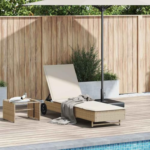mzdioop Solstol med hjul och dyna beige poly rotting justerbar ergonomiskt väderbeständig för trädgård terrass balkong pool utomhus camping avslappningsstol
