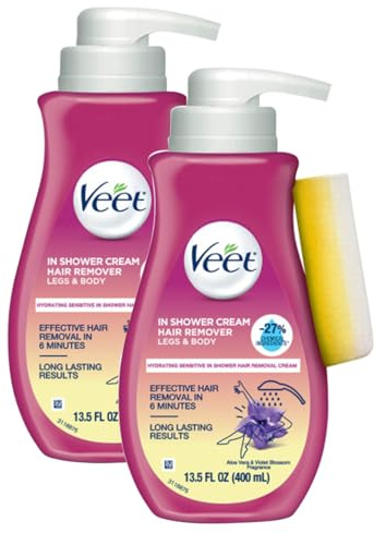Veet Sensitive Formula with Aloe Vera In Shower 13.5 Fl Oz. Hair Removal Cream for Legs & Body (2 Pack)