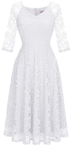 Dressystar Womens Long-Sleeve Wedding Guest Dress A-Line Lace Formal Party Cocktail Midi Dress Prom Gown White M