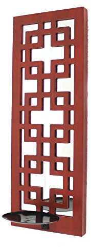 Benjara Red Lattice Wooden Frame Candle Holder with Mirror Backing