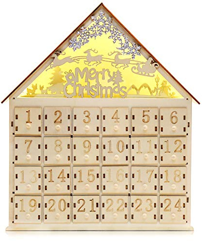 VEYLIN Xmas Wooden Advent Calendar with LED Lights 24 Storage Drawers for Kids Christmas Holiday Decoration