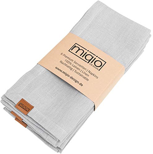 MIQIO® Servilletas de tela de diseño 100% lino francés – Juego de 6 servilletas de tela – lavable a 60° – 45 x 45 servilletas de lino – Marca Label de piel auténtica (gris claro)