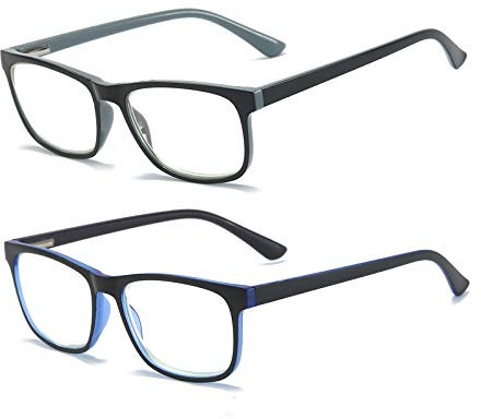 MMOWW Confezione da 2 Occhiali da Lettura Donna Uomo, Anti Luce Blu Rettangolari Occhiali con Cerniere a Molla (Grigio + Blu Scuro, +1.5)