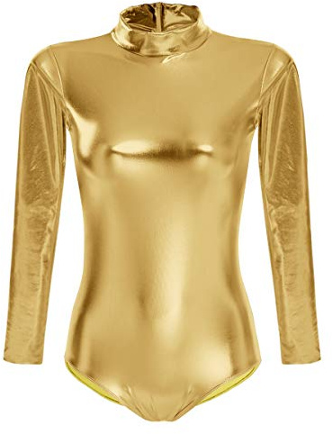ABAFIP Women's Metallic Liquid Shiny Long Sleeve Lycra Spandex Gymnastic Ballet Dance Leotard Bodysuit Faux Leather Stage Dancewear Performance Costume Gold Medium