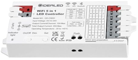 GIDEALED Controller LED WiFi Smart 5 in 1 RGBWW, Controller wireless intelligente per RGBCCT RGBW RGB CCT Streifen LED monocolore, APP/Controllo vocale Funziona con Alexa/Google Assistant