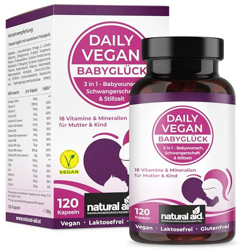 natural aid Daily Vegan Vitamin B12 Kapseln [100% vegan] 120 Stück Folsäure 3in1 laborgeprüft o. Zusätze in DE hergestellt Kinderwunsch Schwangerschaft Stillzeit Vitamin B12