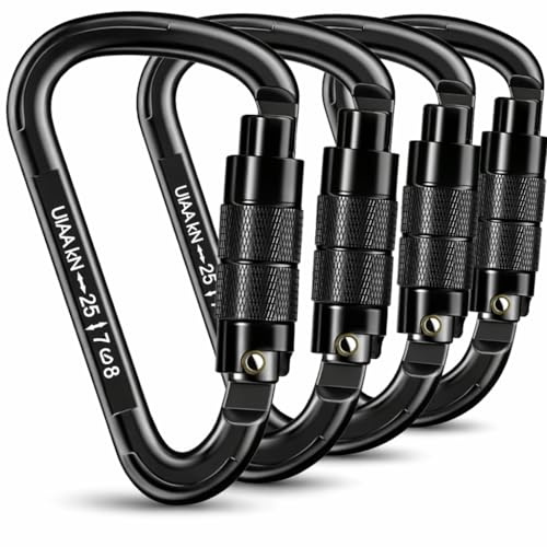 Auto Locking Carabiner Heavy Duty Carabiner 25kN UIAA Certified Climbing Carabiner Climbing Equipment Safety Carabiners for Rappelling, Hammocks, Rescue, Dog Leash, Swing (All Black-4PCS)