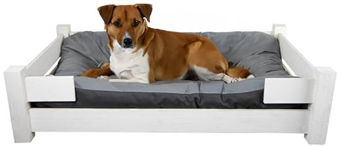 Kistenkolli Altes Land Hundekorb Winston XL aus Holz mit Kissen 100x60x25cm Hundekorb Hundekissen Schlafplatz Vintage Hundesofa (Weiss)