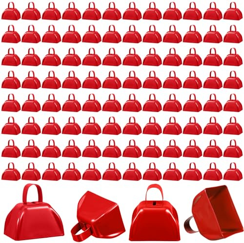 Boao 100 Pieces Metal Cowbell with Handle for Sporting Events Small Cow Loud Bells Noise Makers Call Bells for Wedding Cheering Football Games, 3 x 2.8 x 2.5 Inch(Red)