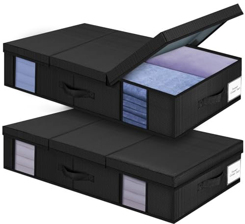 Eurhomewit Under Bed Storage Box with Lid, Foldable Underbed Storage Boxes with Lids, 2 Pack Under Bed Storage Organiser with Windows & 3 Handles For Clothes/Blanket/Toy, Underbed Storage Boxes -Black