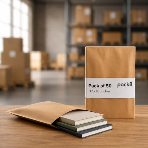Bolsa de papel con solapa plegable | Bolsa de papel con cinta autoadhesiva | Bolsa de papel | Sobres de papel para embalaje, envío (14 x 18 pulgadas) - Paquete de 50