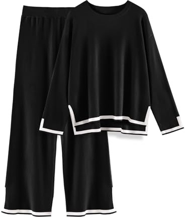 CMTOP Tuta Donna Completo Elegante 2 Pezzi Casual Tute da Ginnastica Tailleur Girocollo Maglia a Maniche Lunghe e Pantaloni a Gamba Larga Autunnale Invernale Completi Per La Casa(Nero, S)