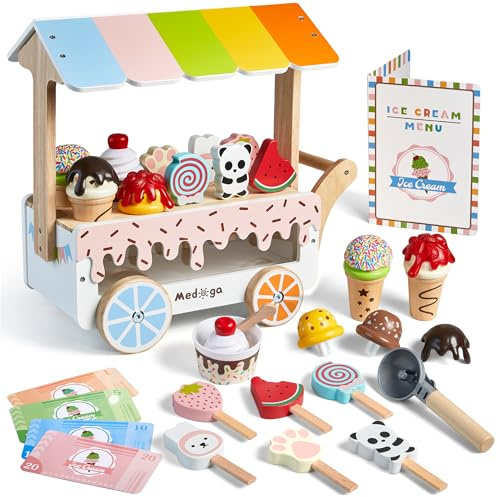 Carrello per Gelato in Legno Con Giocattoli, Camion di Cibo per Fingere di Giocare, Accessori da Cucina Con Ghiacciolo, Paletta e Menù, Regalo per Ragazze