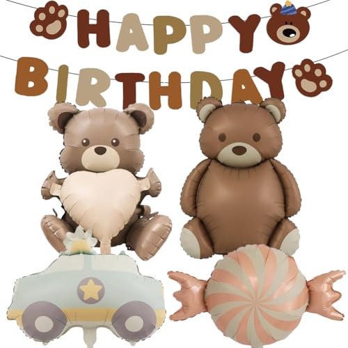 5 Pcs Bear Foil Balloons, Decoracion Cumpleaños con Globos en Forma de Oso, Bear Brown Helium Balloons, Suitable for Decoration, Forest Animal Theme Birthday Decoration