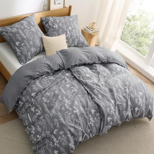 BEDSURE Bettwäsche 135x200 4teilig Baumwolle - Bettwäsche-Sets Grau Bettbezug 2er Set mit 2 Kissenbezüge 80x80 cm, ÖKO-TEX Wendebettwäsche Bedding Pflanzen Blumen Muster mit Reißverschluss