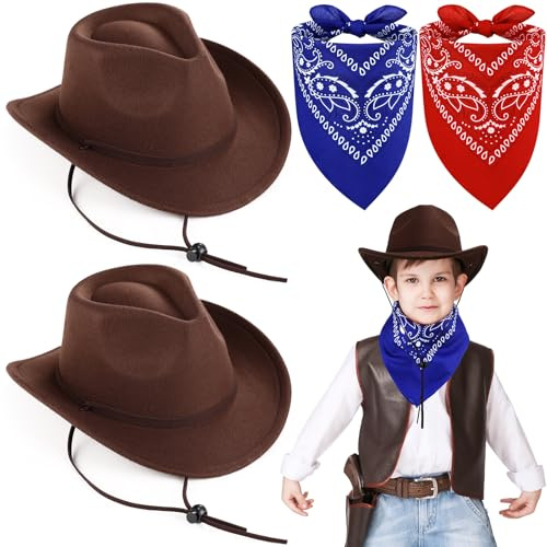 Xtinmee 2 Pcs Cowboy Hat for Kids Age 3-10 Paisley Scarves for Boys Girls Wool Toddler Cowgirl Hats with Bandana(Ranch,Brown)