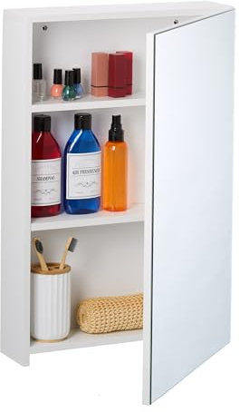 Relaxdays Spiegelschrank, 3 Innenfächer, Badezimmerschrank, HxBxT: 60,5x40x12 cm, Hängeschrank Wandmontage, MDF, weiß