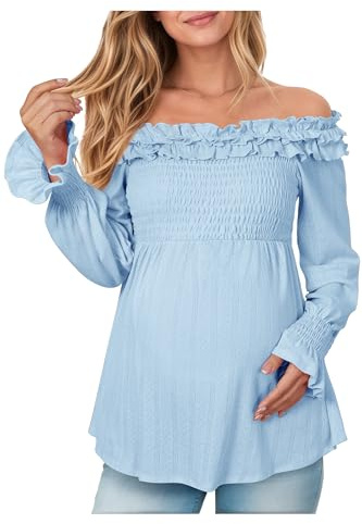 OUGES Women's Maternity Tops Shirts Blouse Off The Shoulder Maternity Clothes Puff Long Sleeve Cotton Blend Stretchy Ruffle Smocked Going Out Elegant Fall Fashion 2025(Light Blue,M)