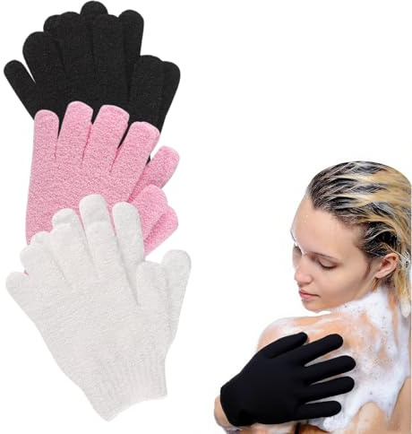 3 Paires Gant Exfoliant Corps, Gants Corporel Double Face pour le Corps et le Visage, Gloves Gommage Corps Doux Gloves, Gant de Toilette - Blanc, Noir, Rose