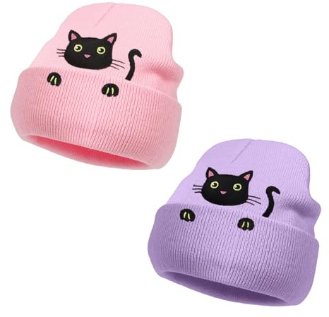 DOINEUFL Cat Beanie Hats for Women, Cute Embroidered Cat Hat, Stretchy Soft Knit Winter Hat for Cat Lovers, Gifts for Women & Girls (2 Pack, Purple/Pink)