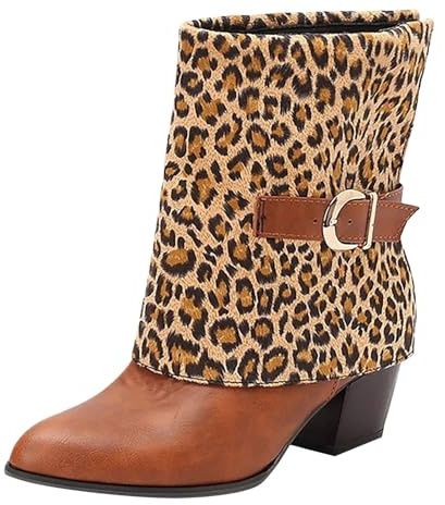 Bottines épaisses repliables pour femme - Imprimé léopard - Denim - Mi-mollet - Bout pointu - Bottes de cowboy cowgirl avec boucle - Chaussures tendance occidentales, marron, 37 EU