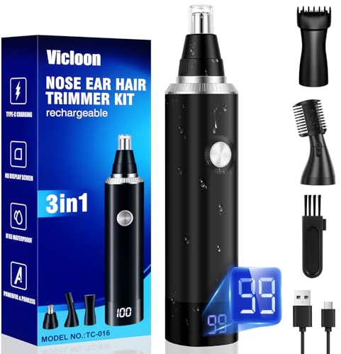 Vicloon Taglia Peli Del Naso, Tagliapeli Naso Orecchie Sopracciglia 3-in-1, Ricaricabile USB, Professionale Indolore Rasoio naso, LED Display della Batteria, IPX5 Impermeabile, per Uomini e Donne