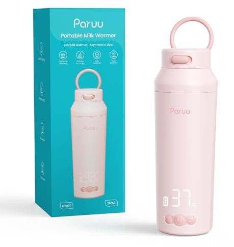 Paruu Chauffe Biberon Portable pour Nomade sans Fil, Chauffage Rapide en 2 minutes, Gros bec Facile à Nettoyer, 7 Niveaux de Température, Charge Rapide 30 W, Capacité 350 ml, Rose