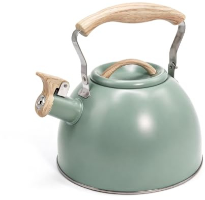 Stove Top Kettle Whistling Kettle, 3L Sage Green Stainless Steel Tea Kettle with Wood Pattern Folding Handle,Loud Whistle Kettle for Stove, Gas Hob,Induction and Electric Hob