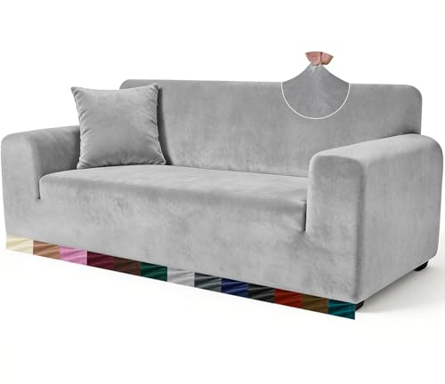 Yeahmart Thick Velvet Sofa Covers 1 Seater - Premium Stretch Couch Cover Armchair Slipcover - Soft Furniture Protector for Pets - Includes Foam Rods for Non-Slip Fit - Machine Washable, Light Grey