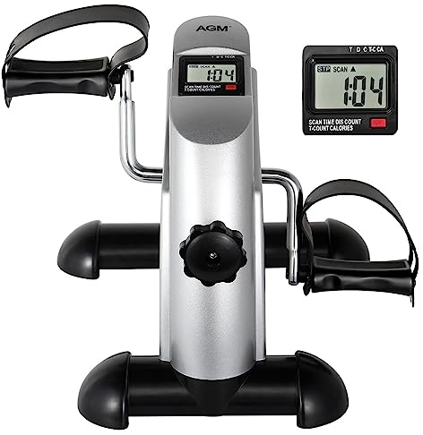 Mini Exercise Bike, AGM Under Desk Bike Pedal Exerciser Foot Cycle Arm & Leg Peddler Exerciser Machine with LCD Screen Displays (Silver)