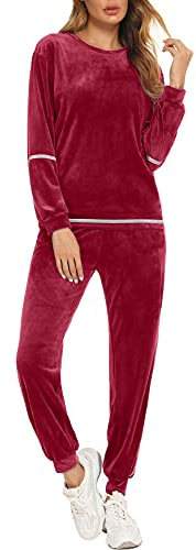 Enjoyoself Dam velour fritidsdräkt sammet mjuk 2-delad velour fritidsdräkt med paljettmanschetter rund hals långärmad tröja + elastiska byxor med ficka, Vinrött, S