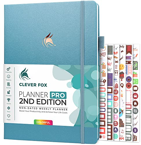 Clever Fox Planner PRO 2nd Edition – Undated Weekly Agenda for Tasks & Time Management – Life Organizer with To-do List, 21.5x28cm (Aquamarine)