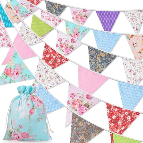 Orifinter 45.9ft Fabric Bunting, Ve Day Bunting, 46 Flags Vintage Bunting Banner + Drawstring Bag, Bunting Flags, Reusable Floral Bunting for Easter, Afternoon Tea, Birthday, Garden Party