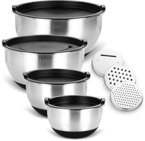 Bastwe Edelstahl Schüssel Set, 4-teilig Salatschüssel mit Deckel, 3 Reibenaufsätzen, Rührschüssel Set für Backen Aufbewahrung, Stapelbar, Vielseitigkeit, Spülmaschinenfest (4.5L/3.5L/2L/1.1 L)