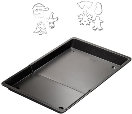 Zenker 9931450 Extendable Baking Tray and 7 Christmas Cutters, Adjustable Baking Tray and Stainless Steel Cookie Cutters, Baking Tray, Steel, 36.5 to 52 x 33 x 3 cm